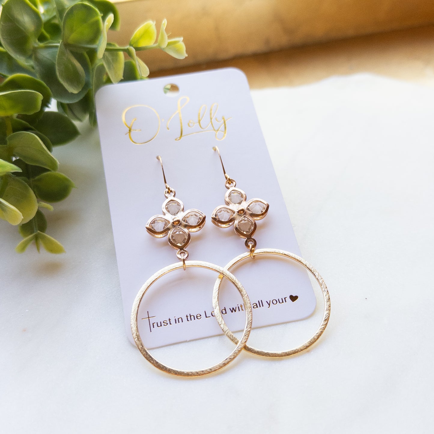 Gold Flower w/Open Textured Hoop Earrings “Molly”