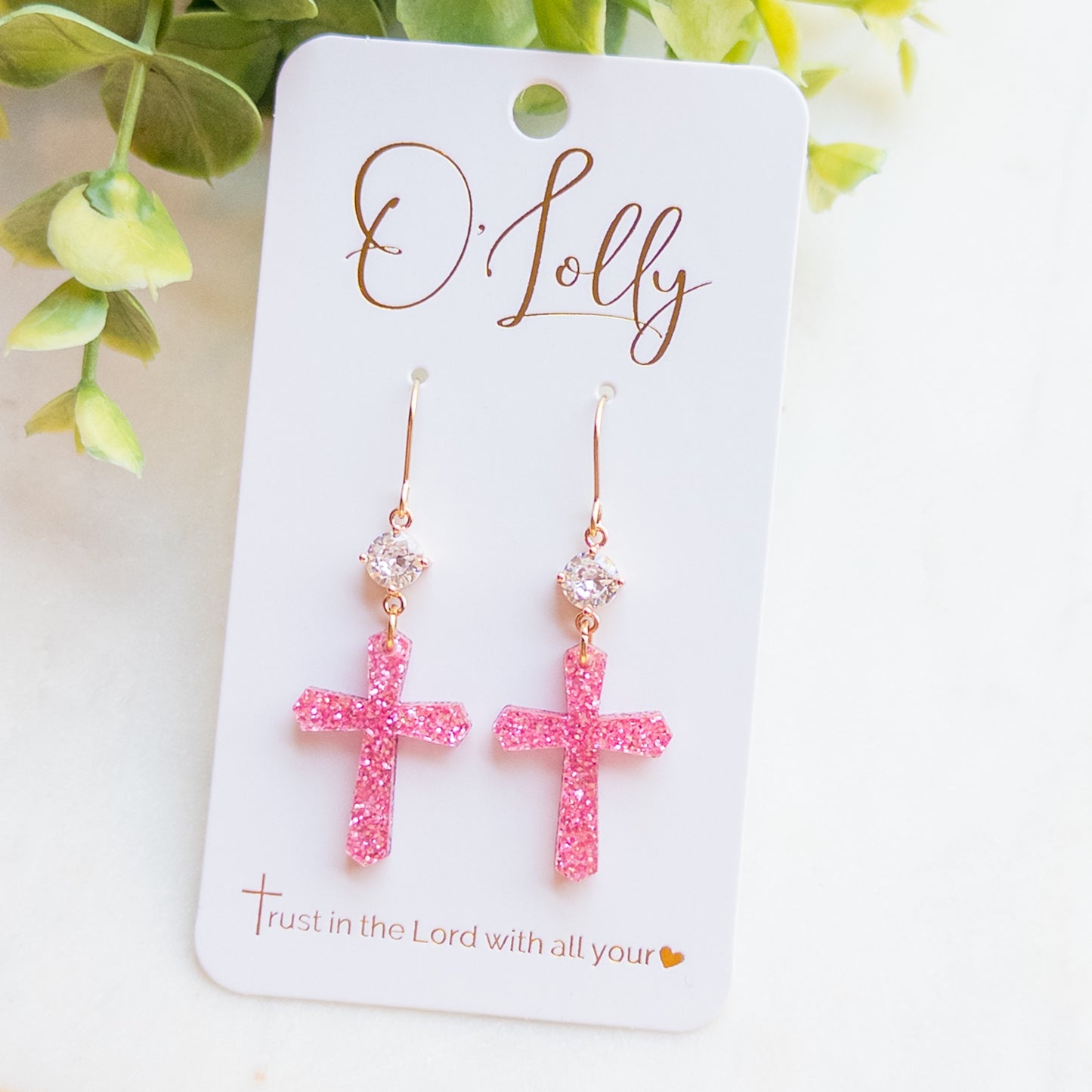 Sparkle Pink Acrylic Cross w/CZ Connector Dangle Earrings - “Trudy”