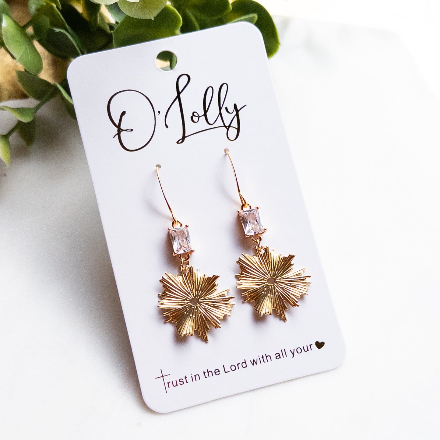 Clear Glass Connector w/Gold Burst Dangle Earrings “Carrie”