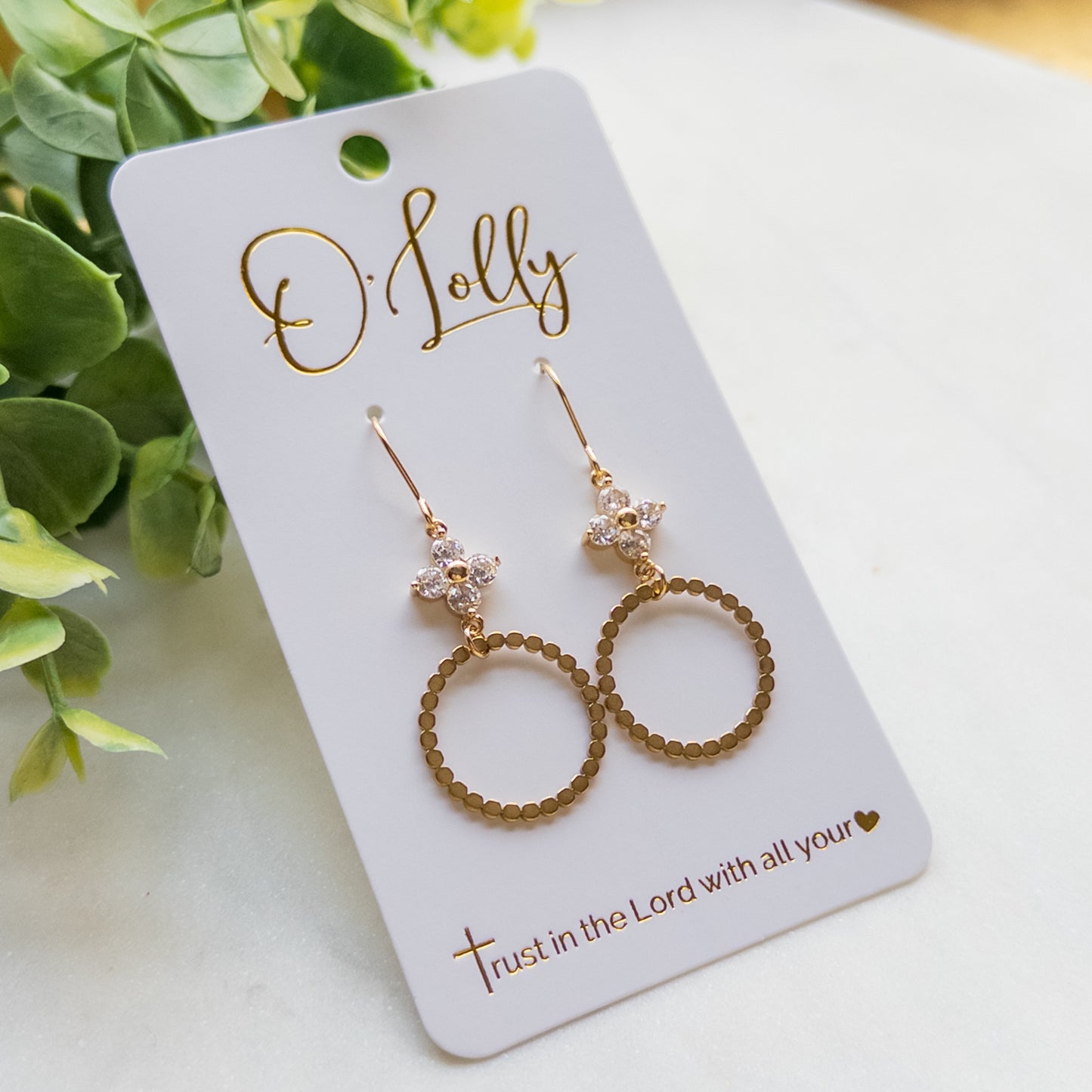 Cubic Zirconia Flower Connector w/Textured Shaped Small Hoop Dangle Earrings “Dru”