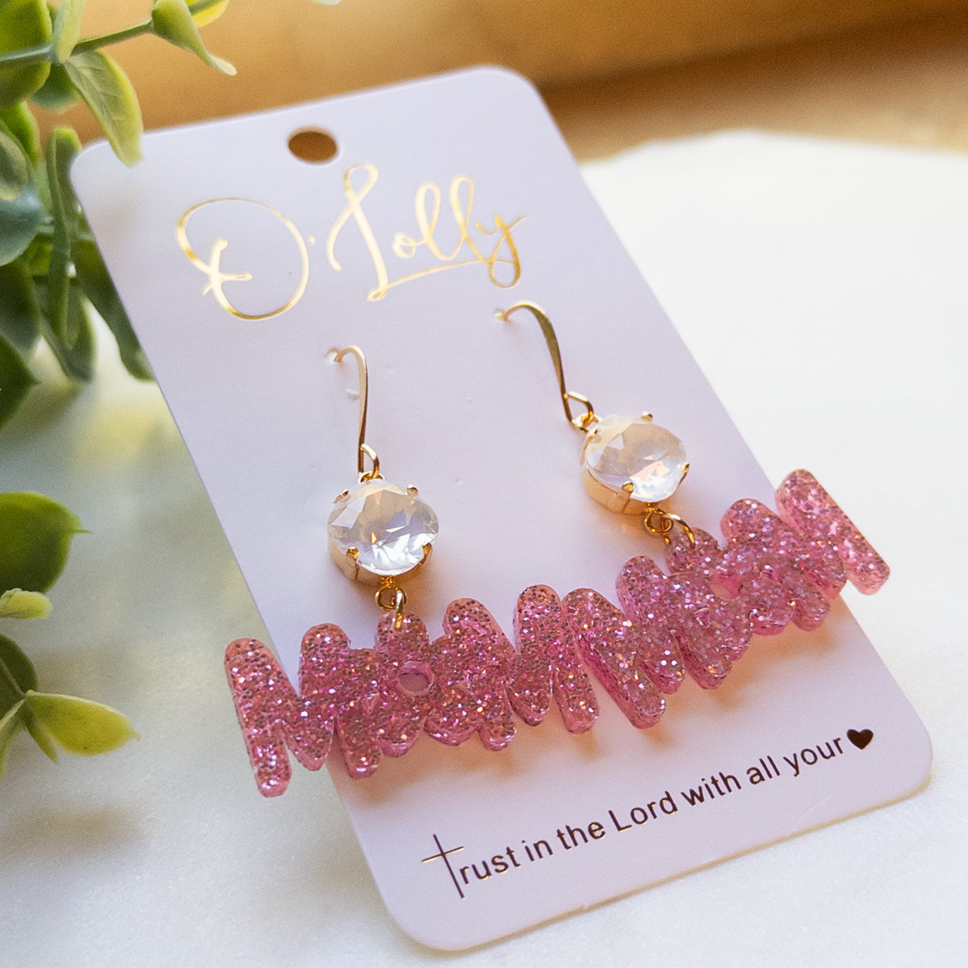 Pink Glitter Acrylic “MOM” Earrings w/White Stone