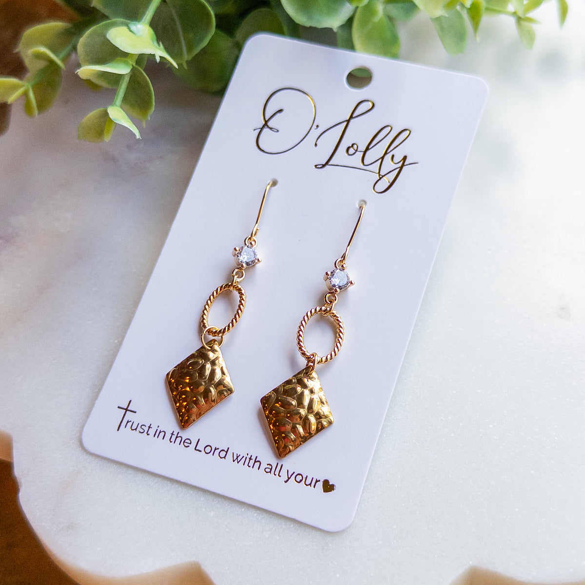 Gold Hammered Diamond Drop Earrings with Crystal Accent