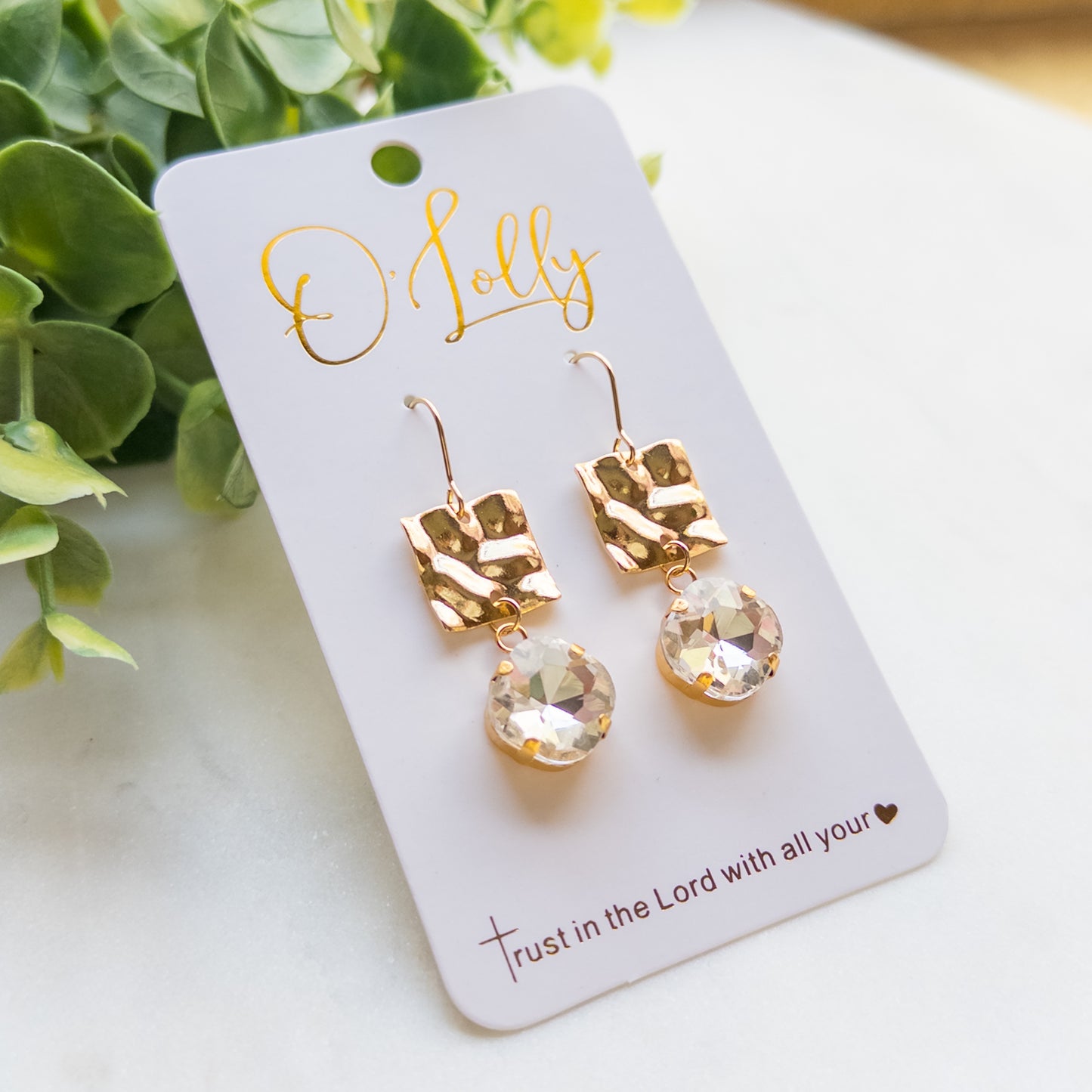 Gold Textured Square Connector w/Clear Stone Dangle Earrings “Honey”