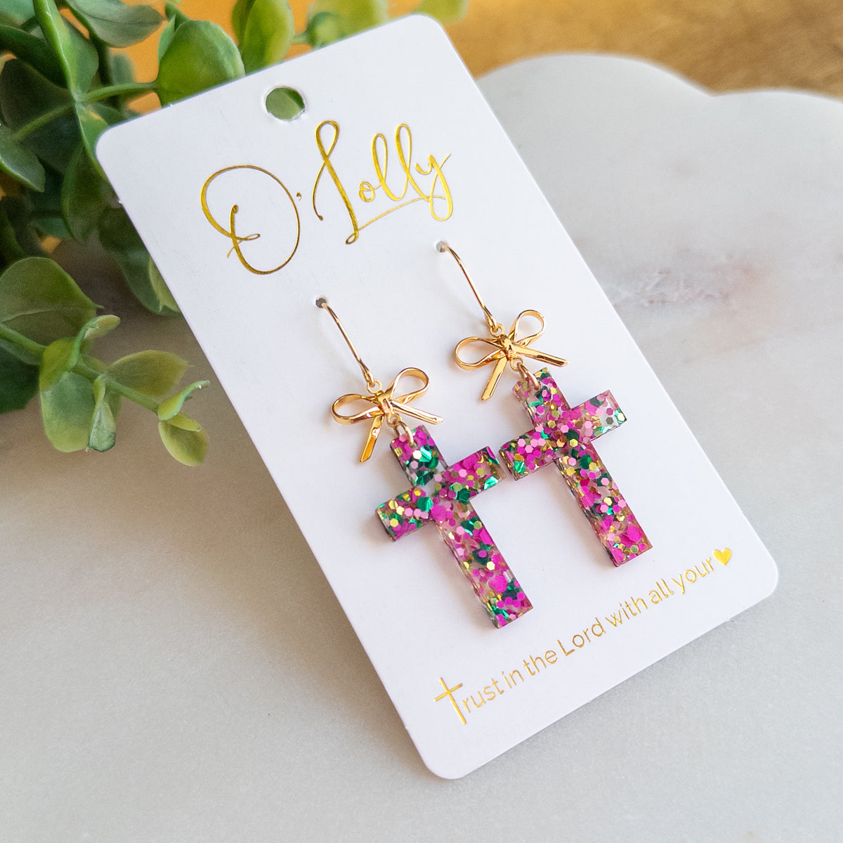 Pink & Green Glitter Cross Dangle Earrings – Gold Bow Accents