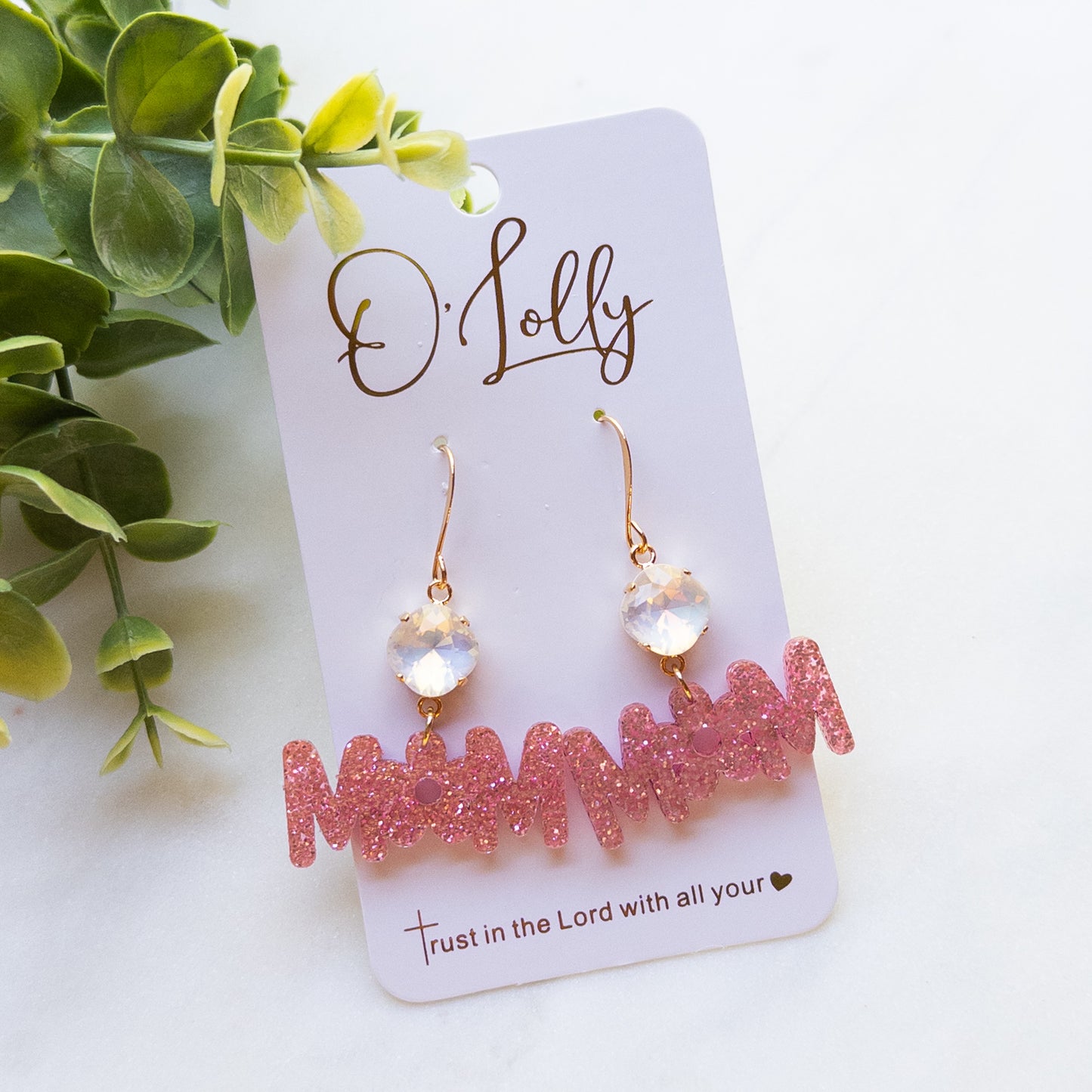 Pink Glitter Acrylic “MOM” Earrings w/White Stone
