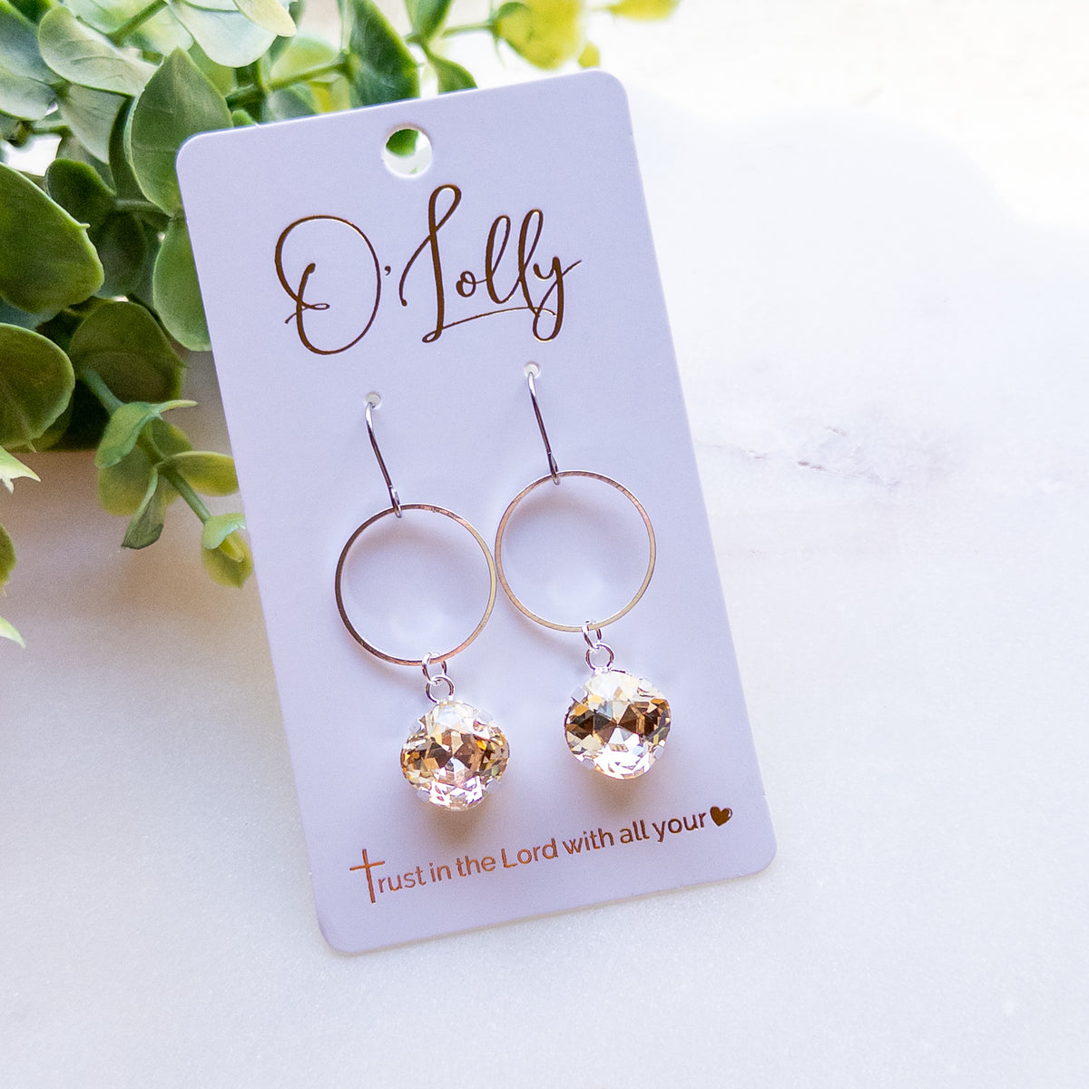 Silver Champagne Crystal Circle Drop Earrings “Charlie”