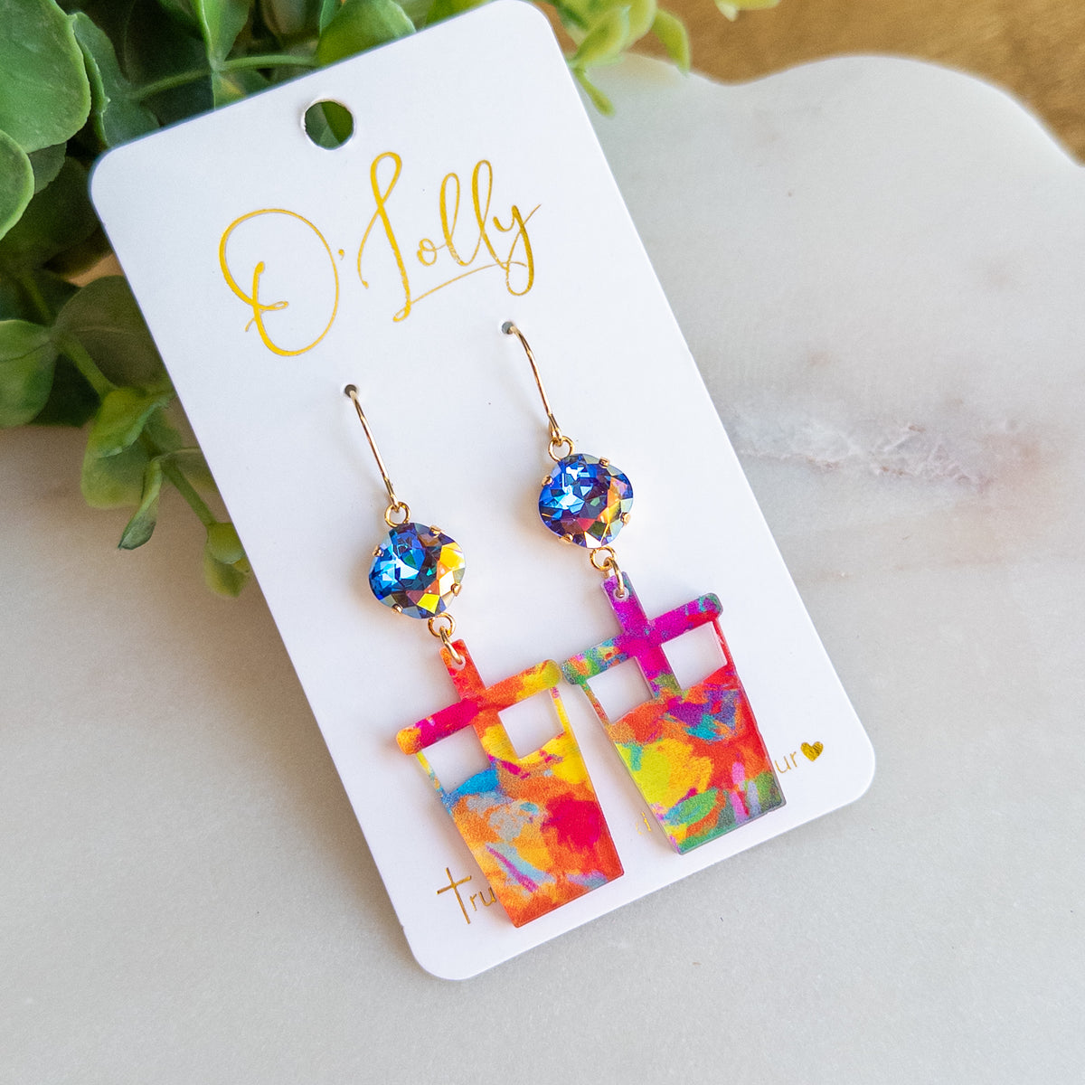 Colorful Loaded Tea Dangle Earrings – Rainbow Crystal Accents