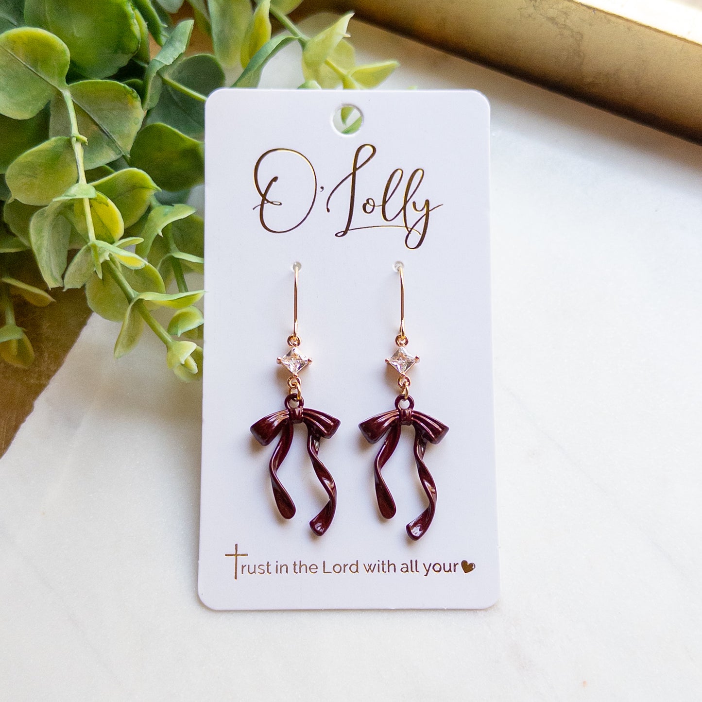 Burgundy Bow Dangle Earrings “Blair”