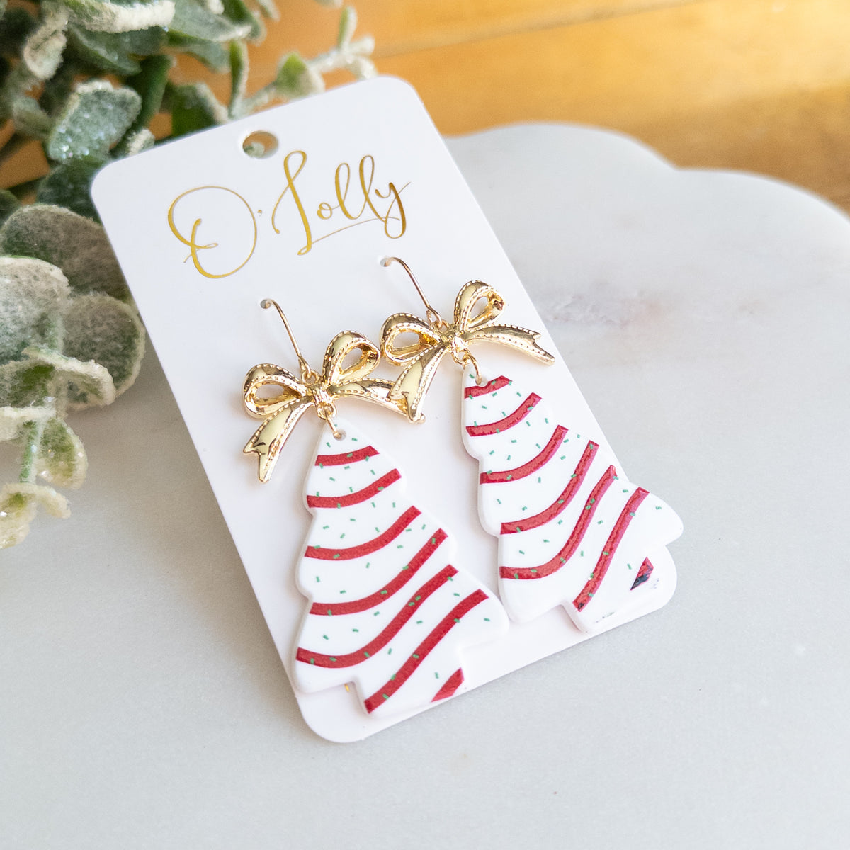 Christmas Tree Cake Dangle Earrings – Red Glitter Stripes with Gold Bows