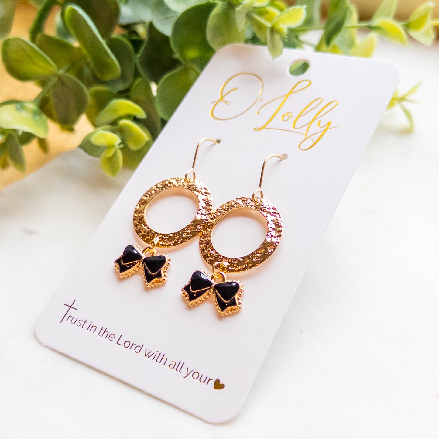 Textured Gold Open Circle w/Black Bow Charm Dangle Earrings “Langley”