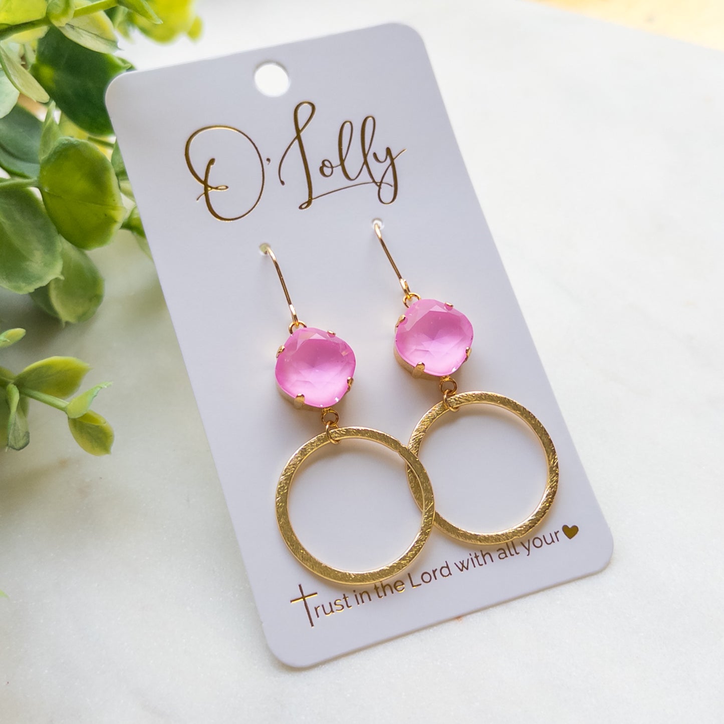“Bubblegum” Pink Stone w/Gold Textured Hoop Dangle Earrings