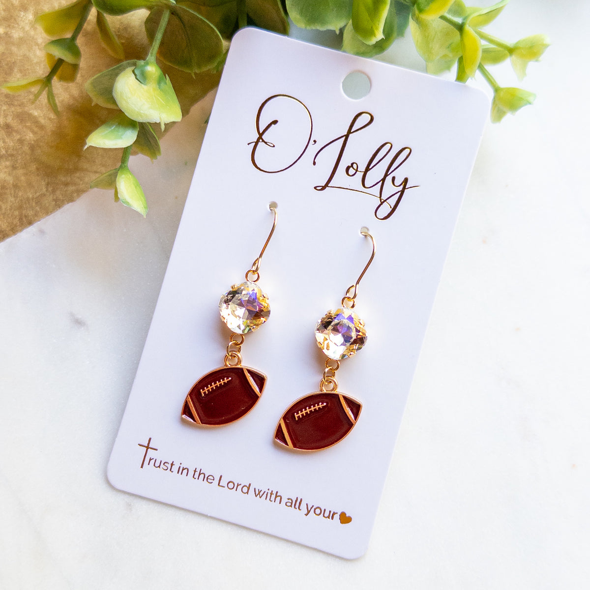 Gold Football & Crystal Dangle Earrings- “Hail Mary”