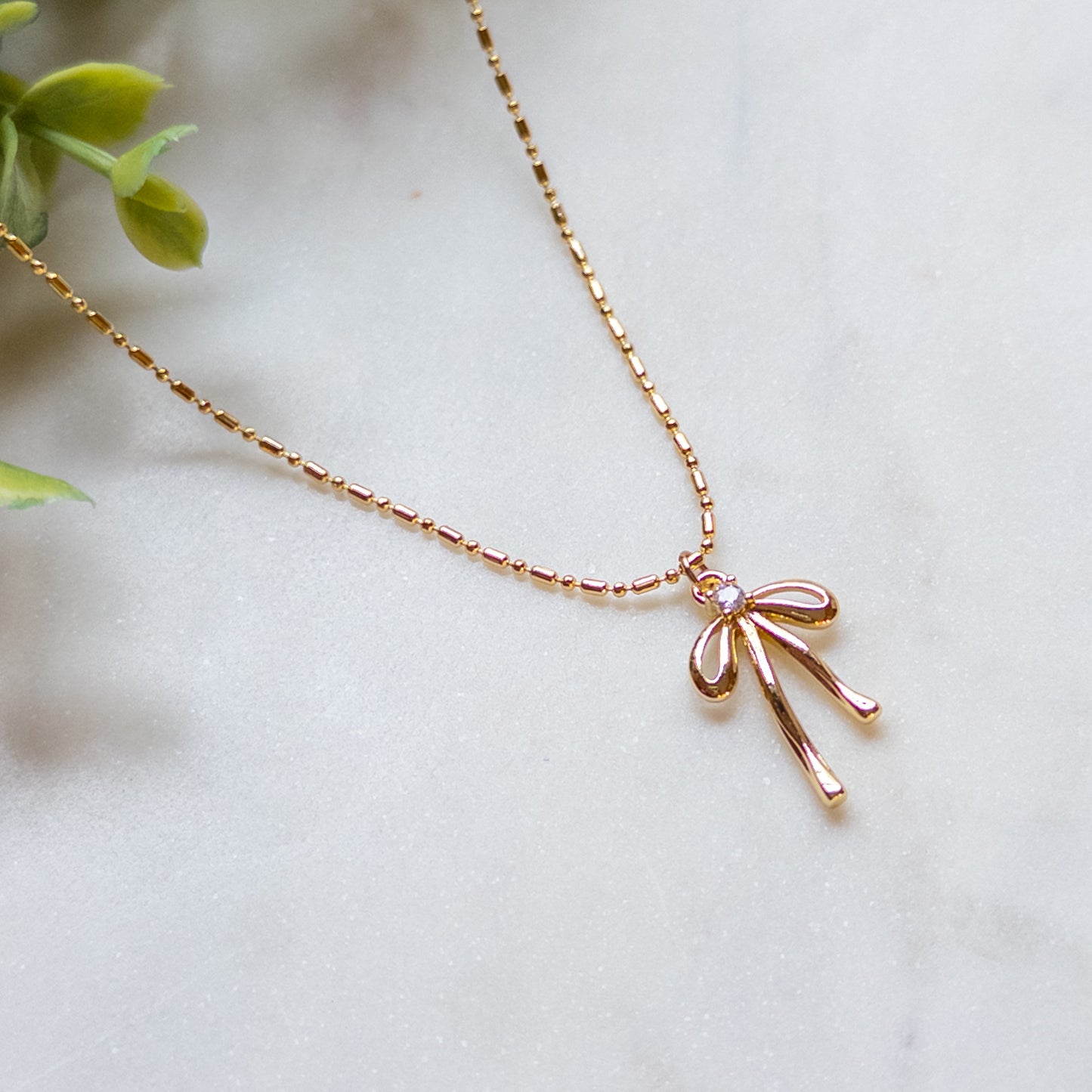 18k Gold Plated Bow Necklace w/CZ Center