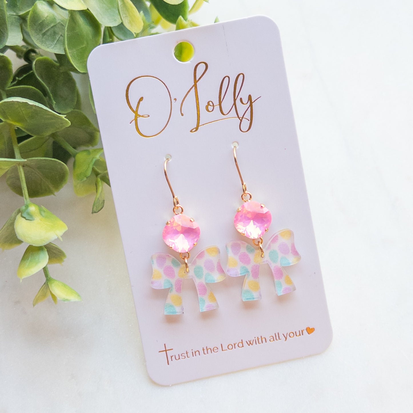 Pink Stone /Multicolored Acrylic Bow Dangle Earrings- Easter 10