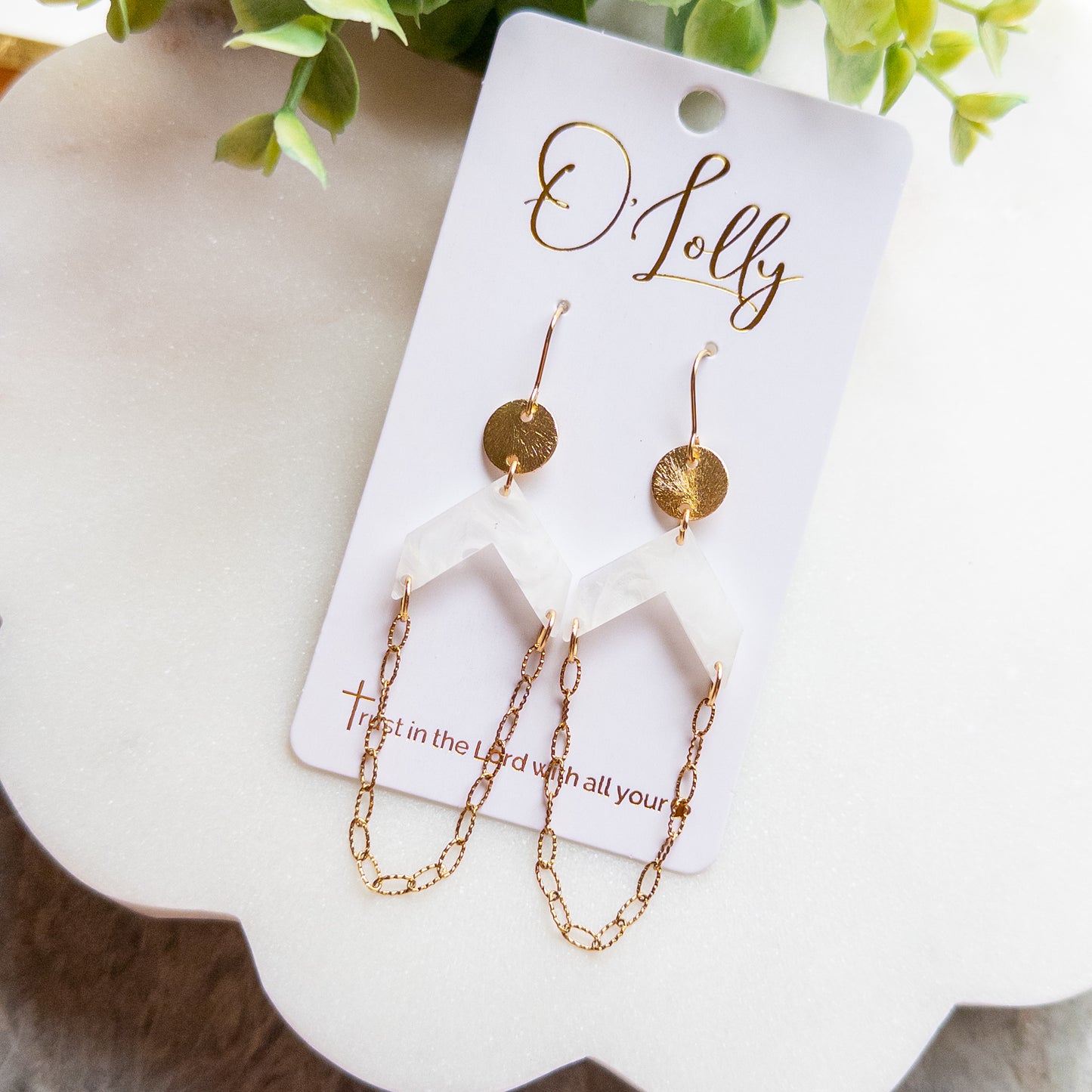 White Geometric Acrylic & Gold Chain Drop Earrings “Celeste”
