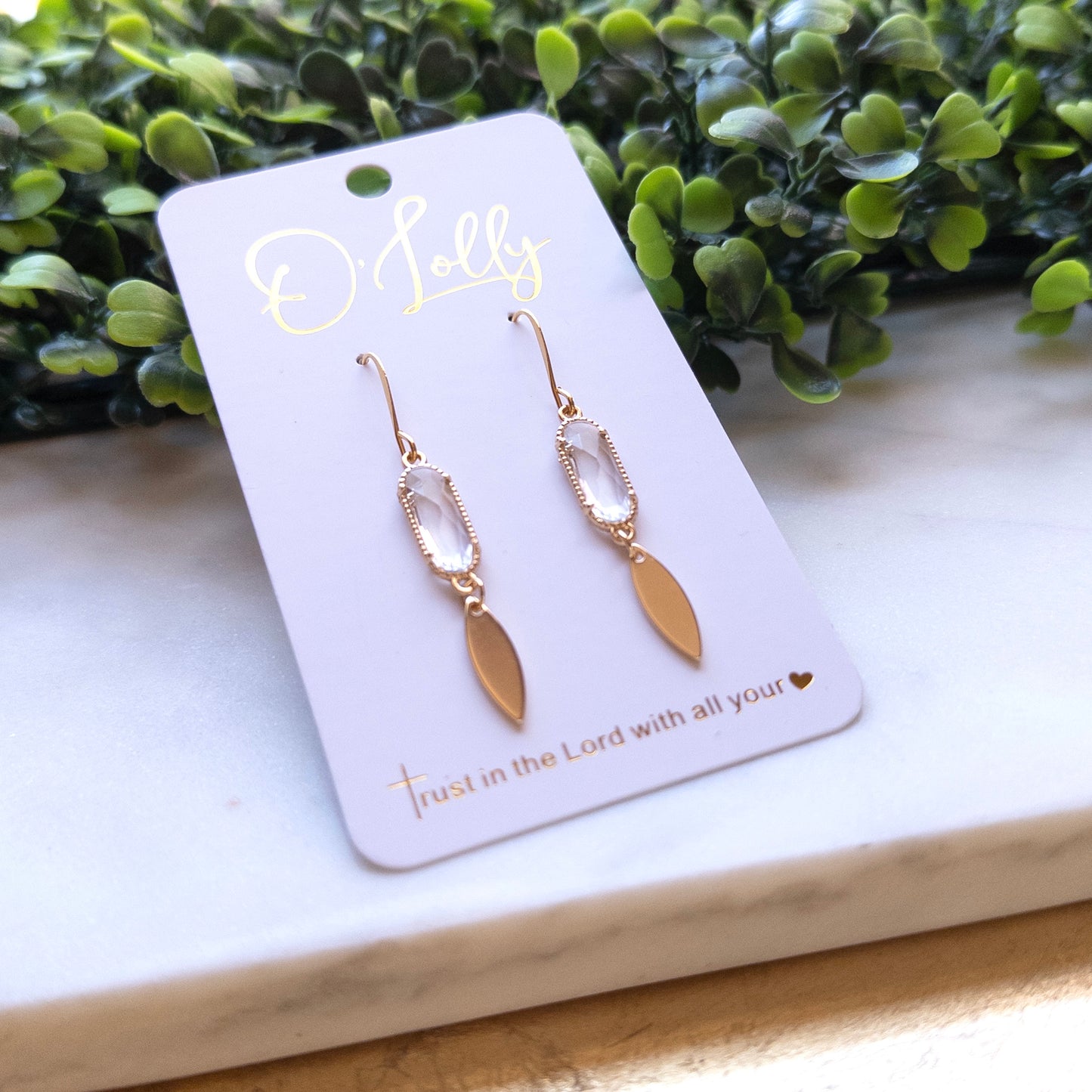 Dainty Clear Glass Connector w/Gold Plated Leaf Dangles - “Ivy”