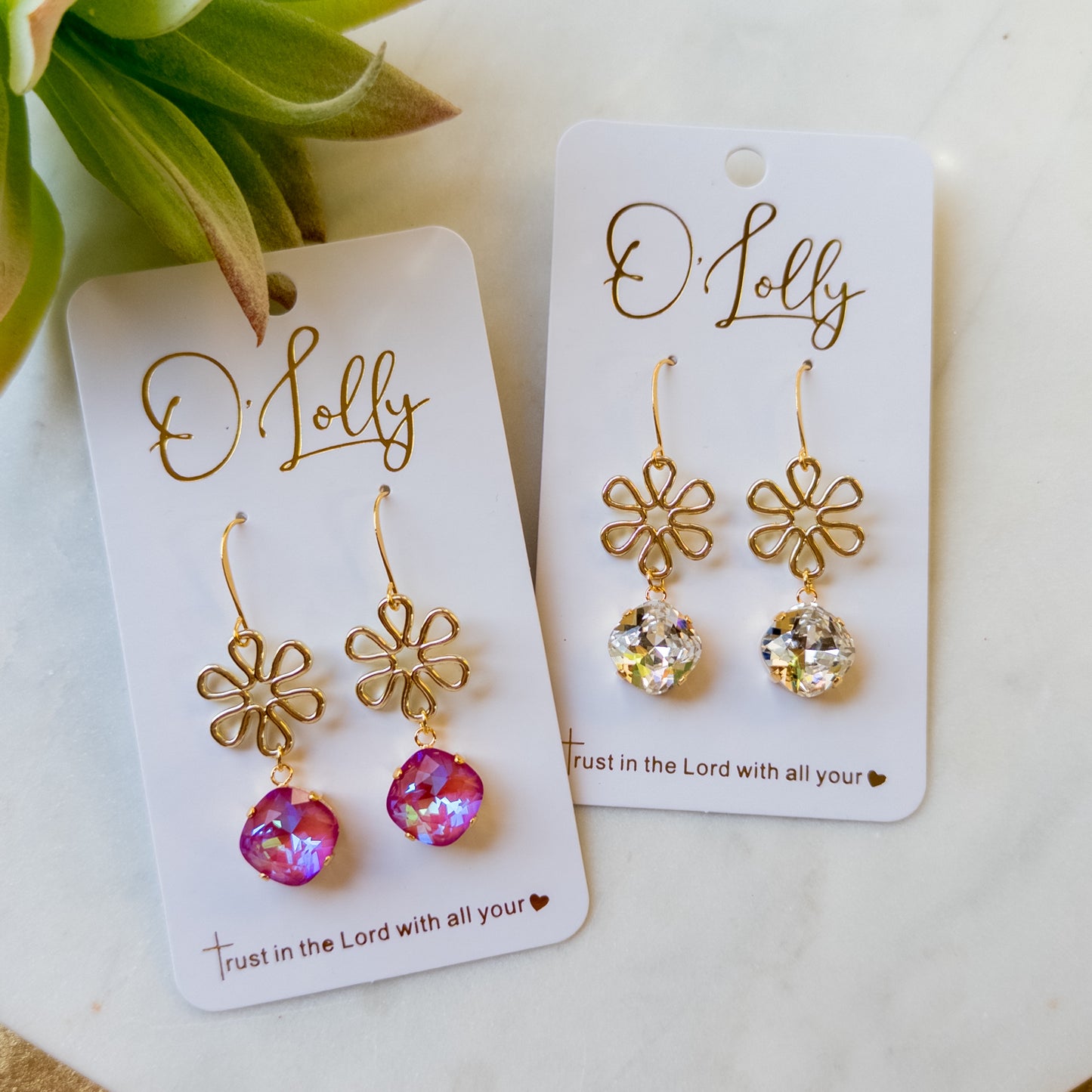 Gold Open Flower w/Stone Dangle “Camilla”