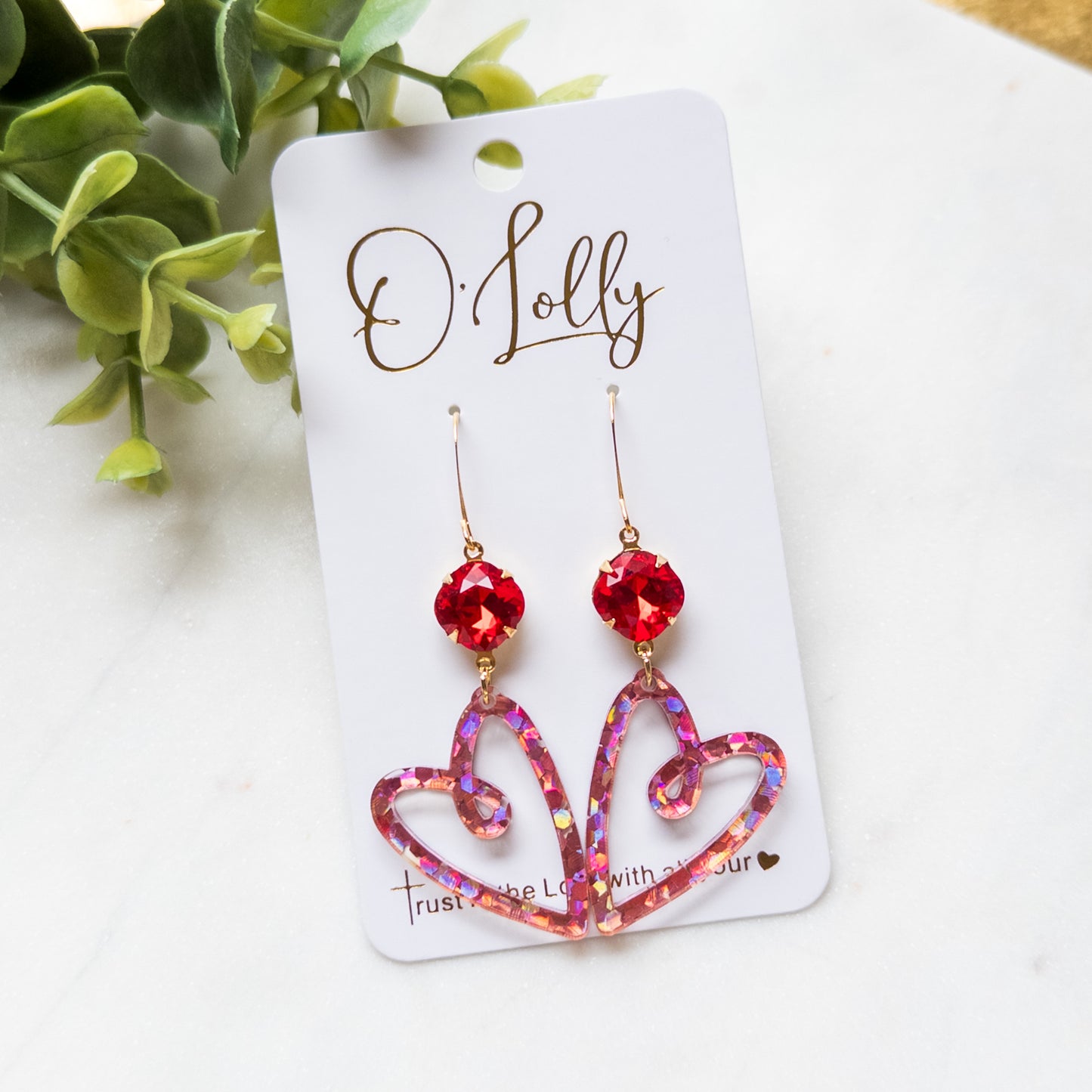 Pink Glitter Heart w/Red Stone Earrings- Valentine Style 4
