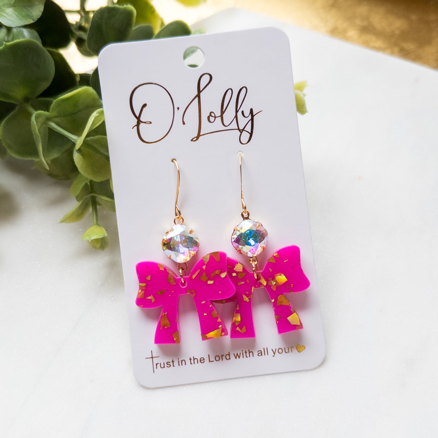 Pink & Gold Flake Bow Earrings w/AB Stone - Valentine Style 5