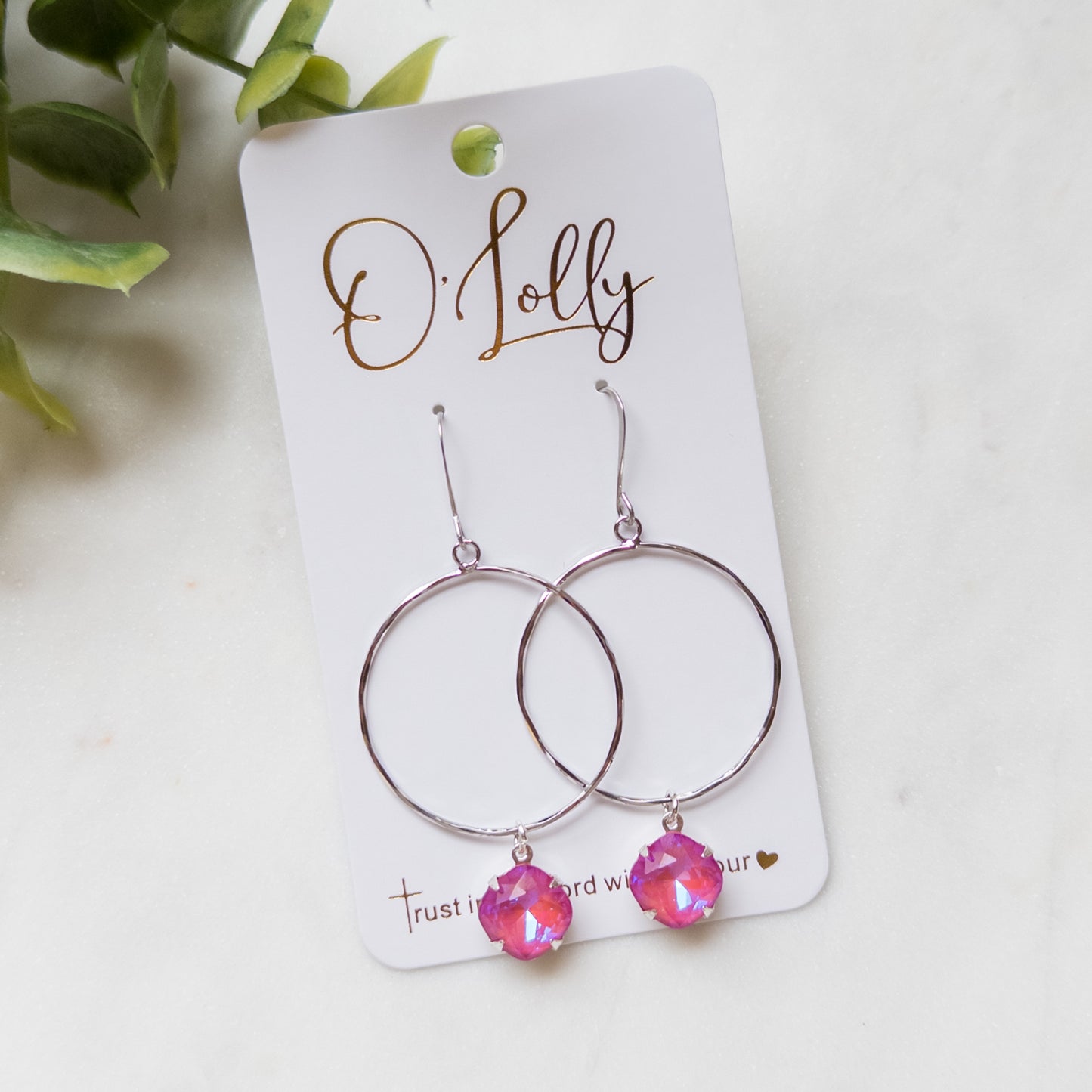 Silver Hoop w/Pink Stone Earrings- Valentine Style 7
