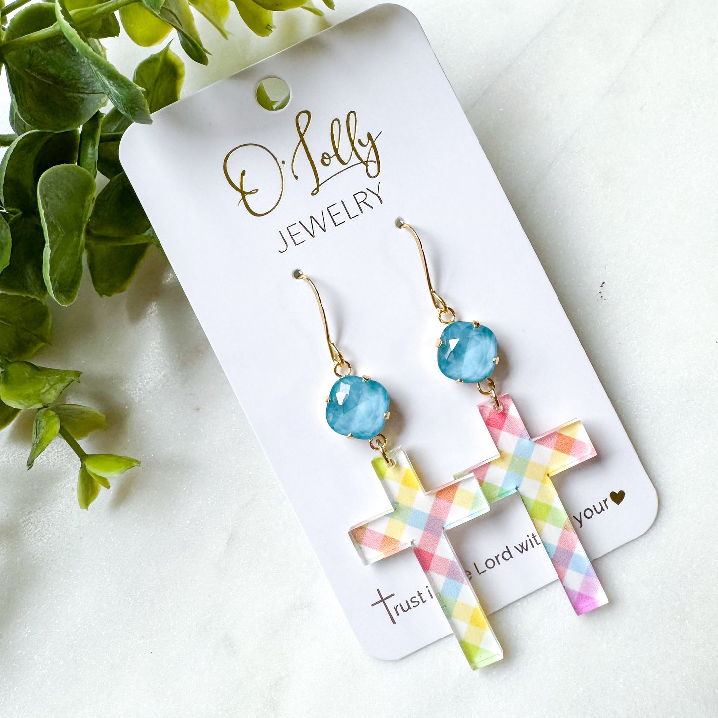 O’Lolly Easter Earrings - Blue Stone w/Pastel Plaid Acrylic Cross (SALE)