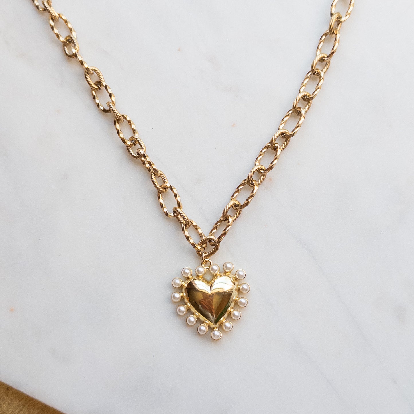 Chunky Gold Textured Chain w/Gold & Pearl Heart Pendant