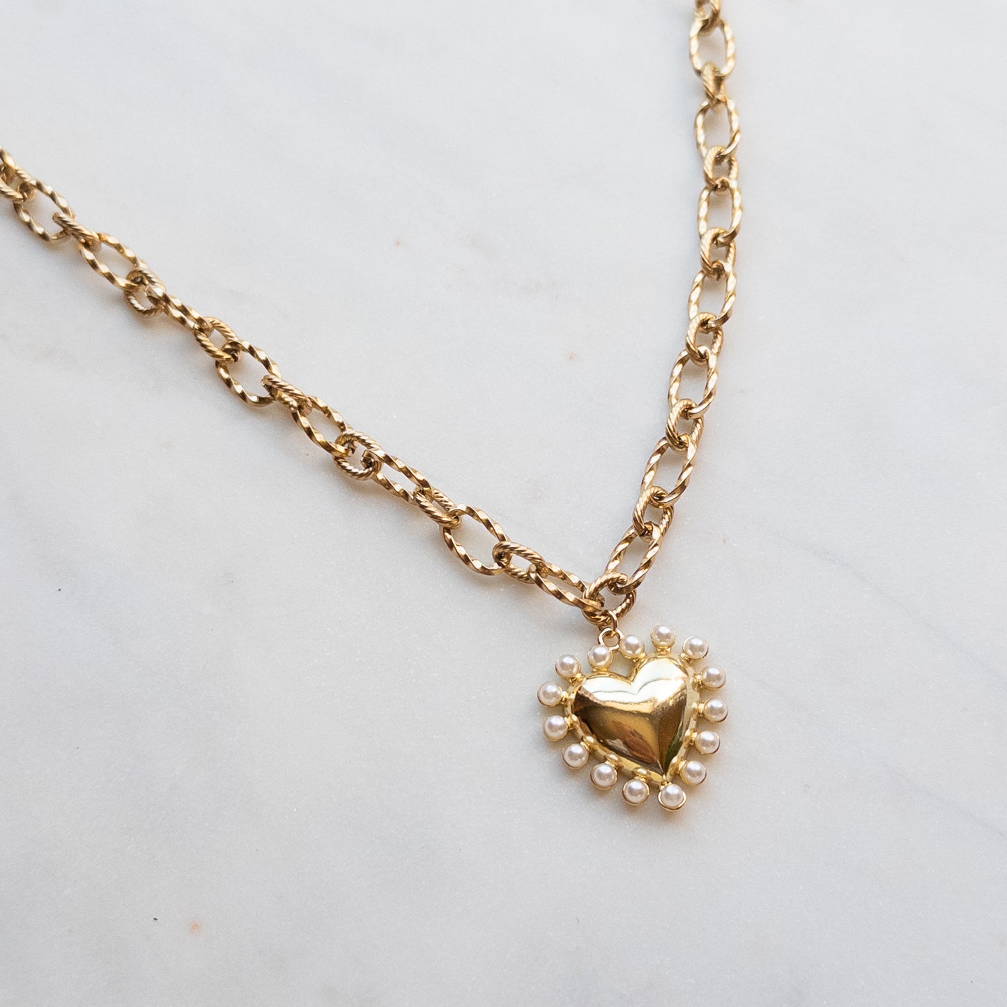 Chunky Gold Textured Chain w/Gold & Pearl Heart Pendant