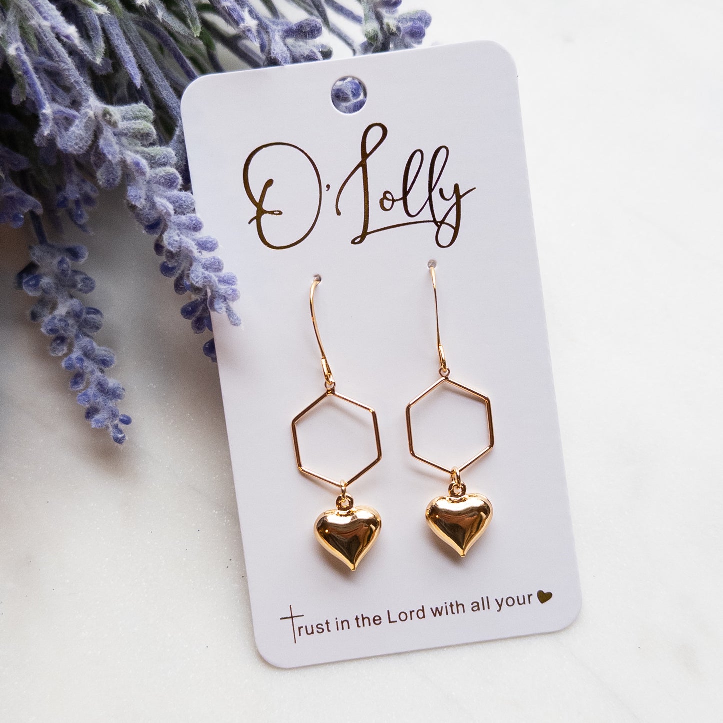 Gold Open Hexagon w/Bubble Heart Dangle- Victoria