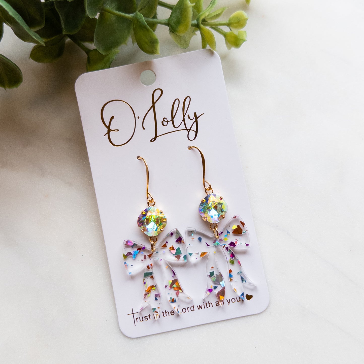 Clear Acrylic Bow w/Confetti and AB Stone Earrings - Katie