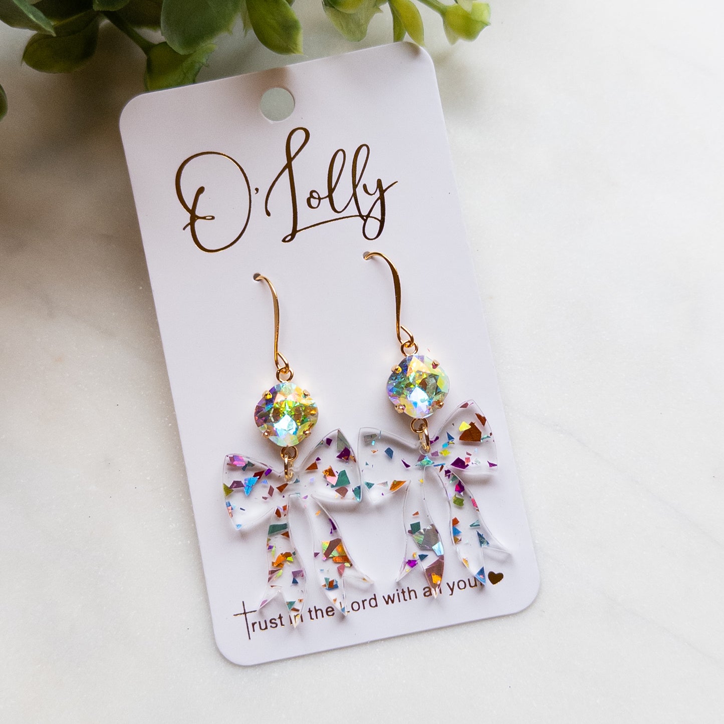 Clear Acrylic Bow w/Confetti and AB Stone Earrings - Katie