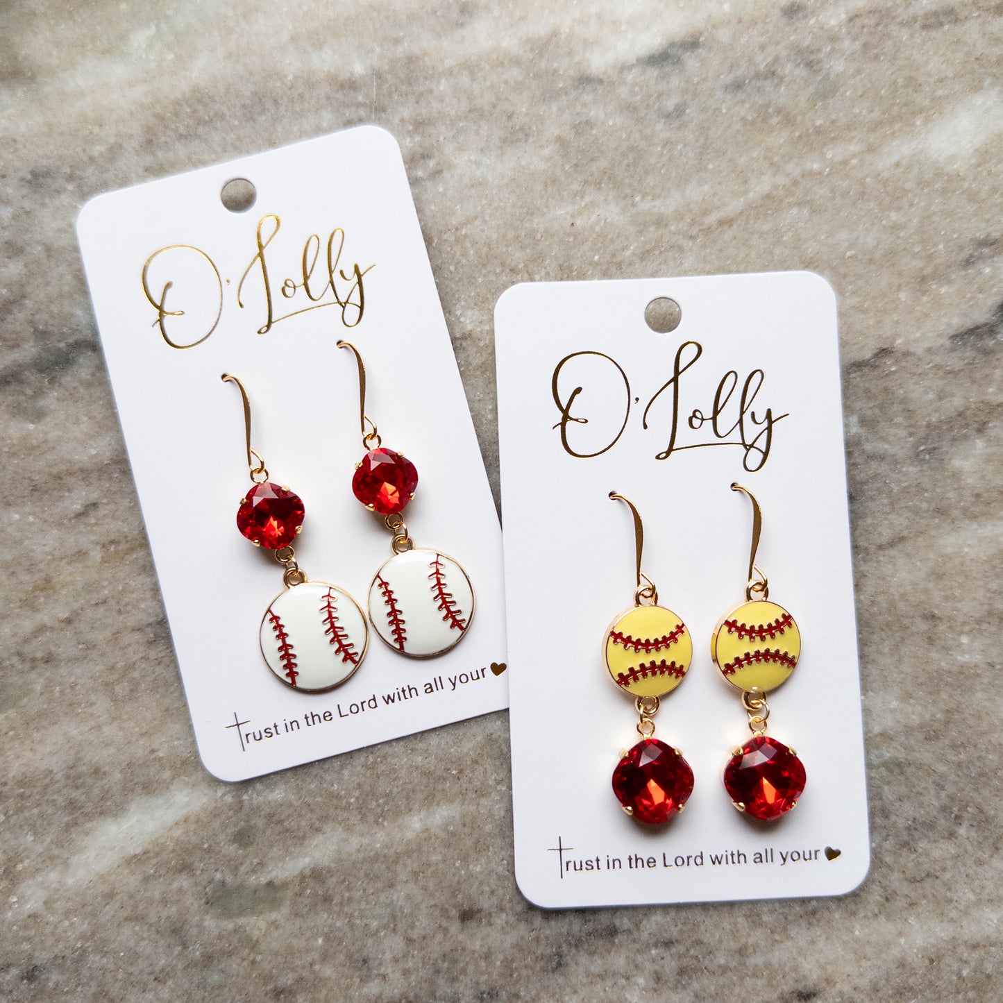 Baseball & Softball Earrings w/Red Stone (SALE)
