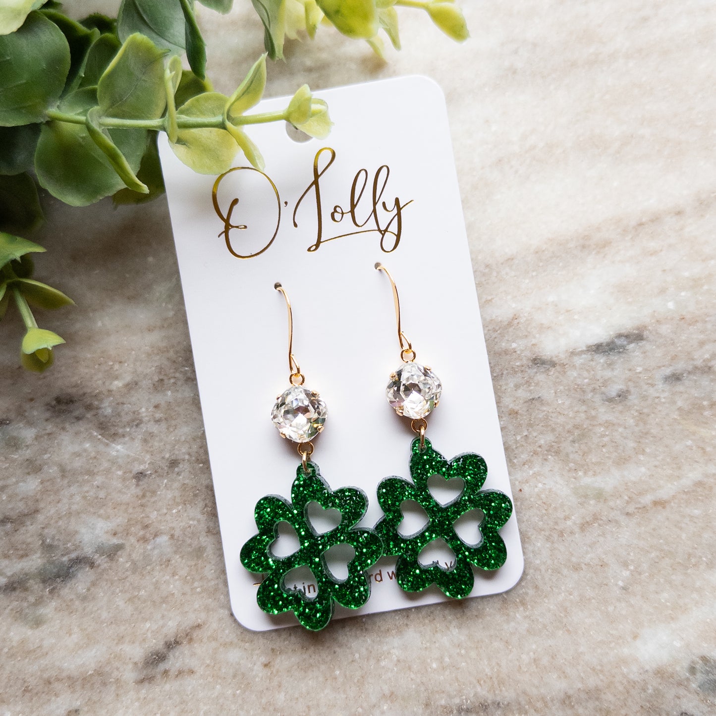 Clear Stone w/Green Acrylic Clover “Patty” St. Patrick Day Earrings
