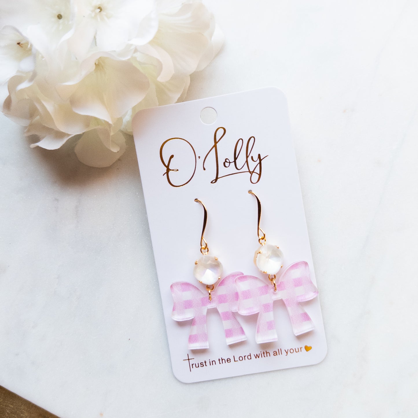Ping Gingham Acrylic Bow Earrings w/White Stone - “Claire”