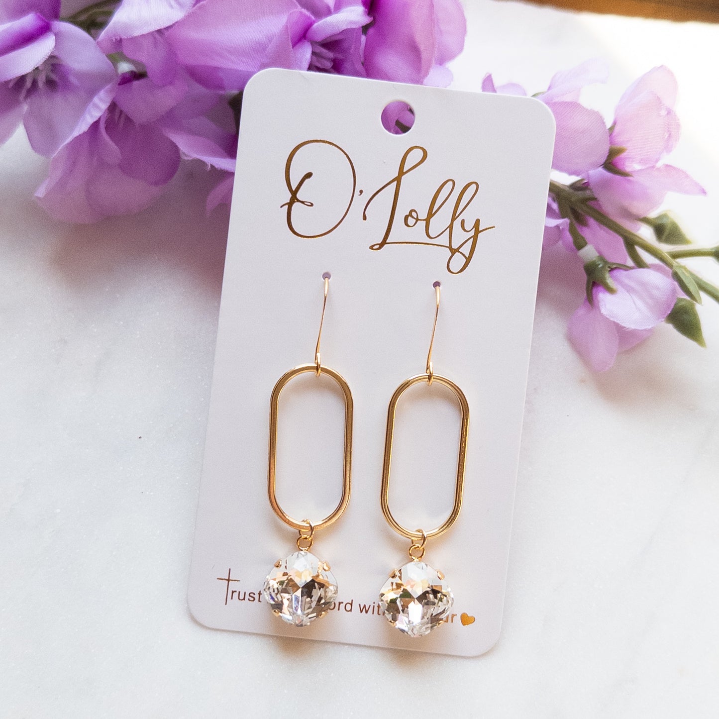 Gold Open Oval w/Clear Stone Dangle - “Leigh”