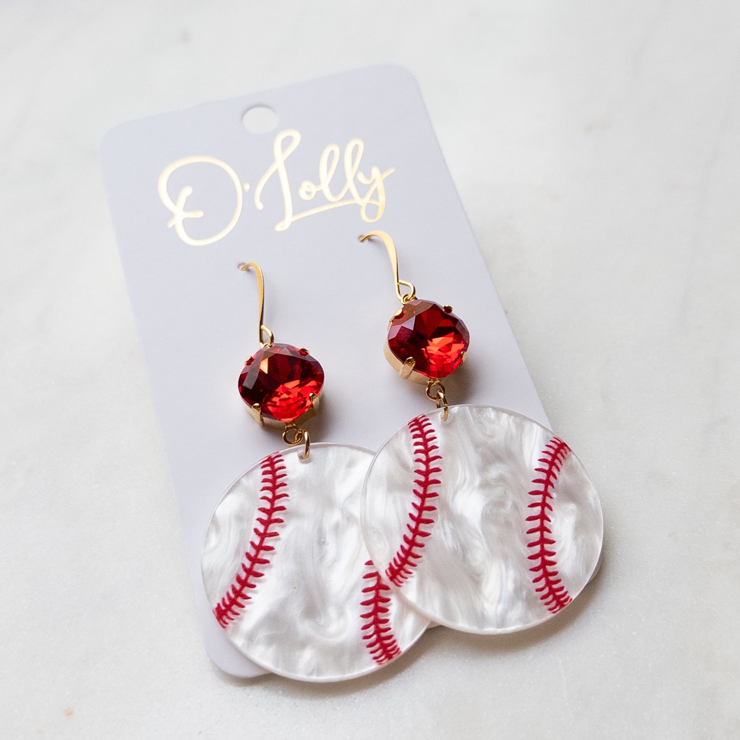 Statement Acrylic Baseball Earrings w/Red Stone (SALE)