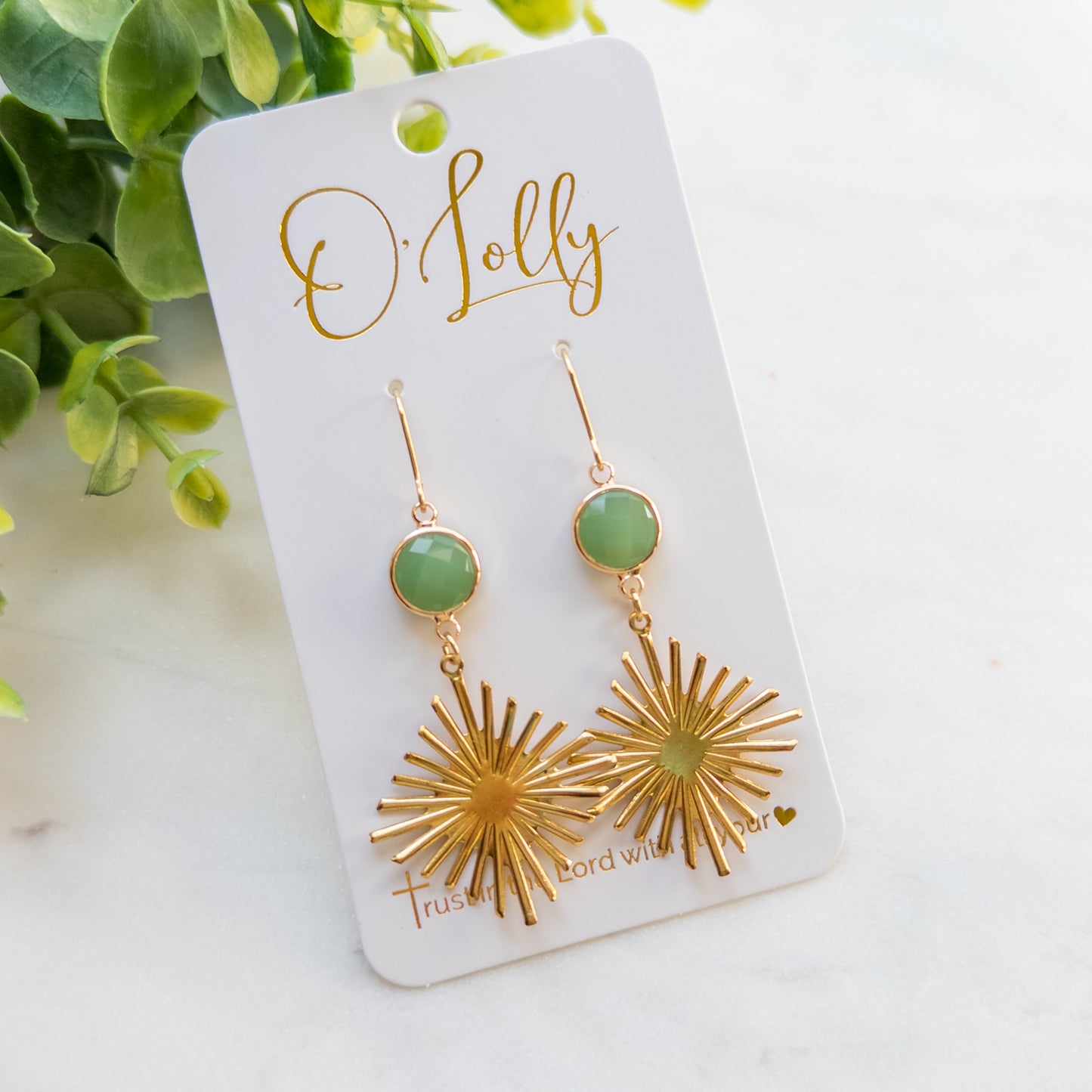 DEAL- Green Connector w/Gold Burst Dangle Earrings