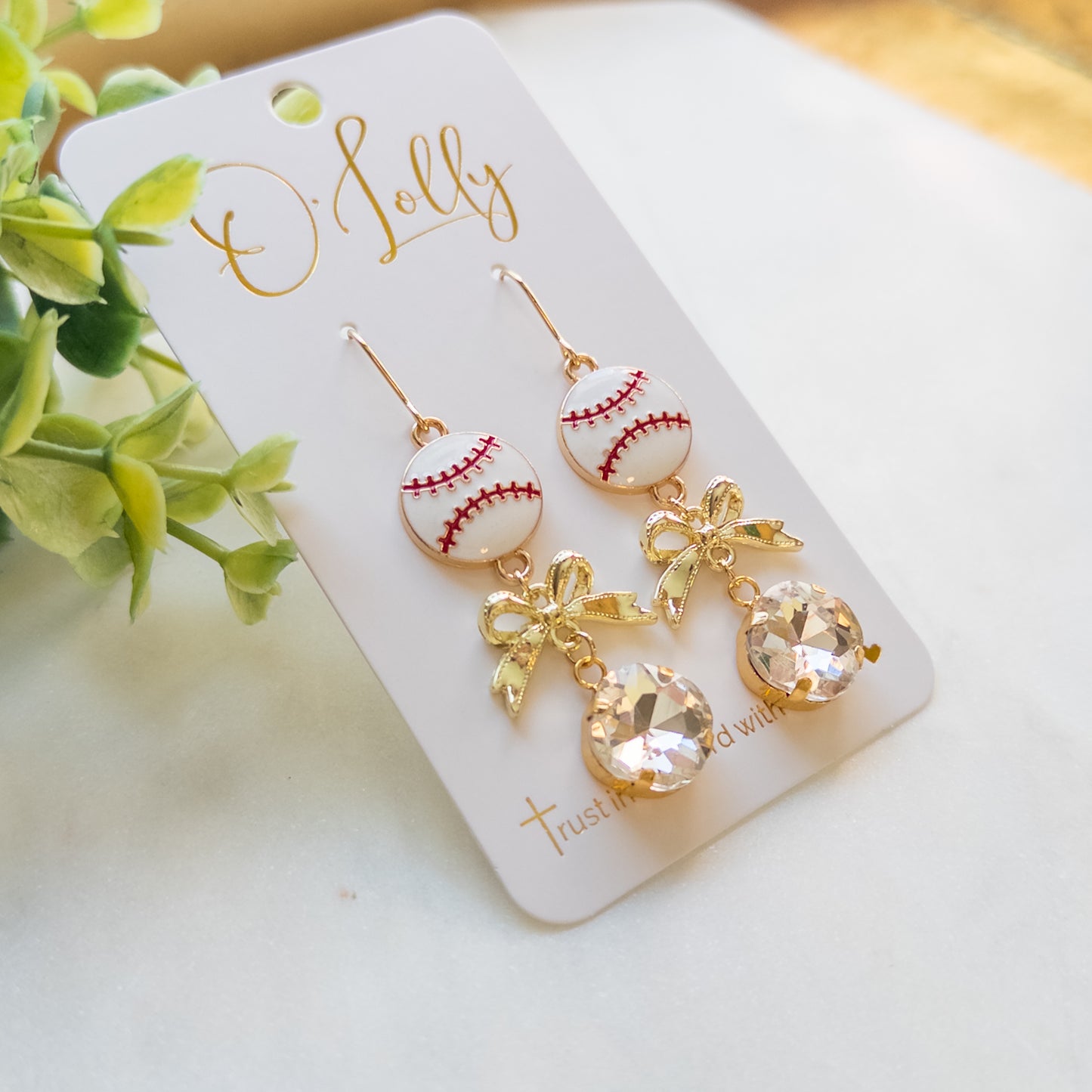 Baseball, Gold Bow & Clear Stone Dangle Earrings