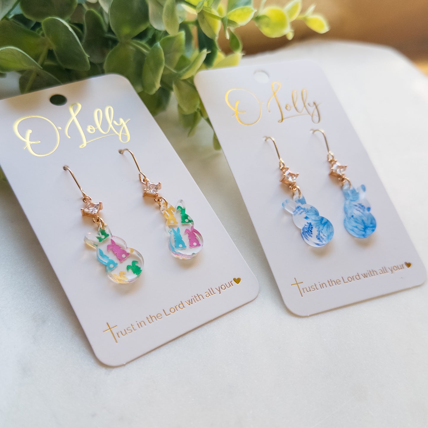 Dainty Acrylic Bunny Dangle Earrings w/CZ Connector- Easter 8