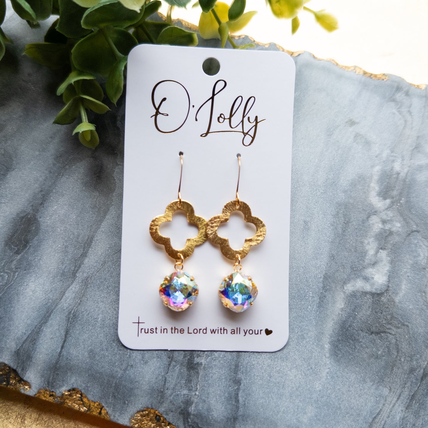 Gold Open Quatrefoil w/AB Stone “Gwen”