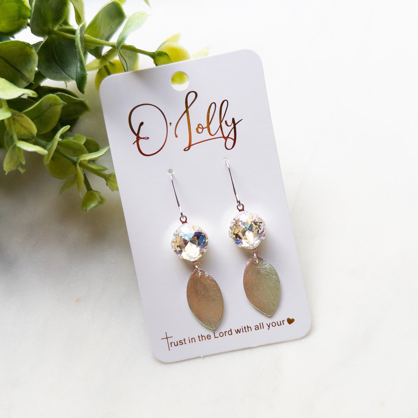 O'Lolly "Chloe" Earrings - 12mm Stone w/Leaf Gold Dangle