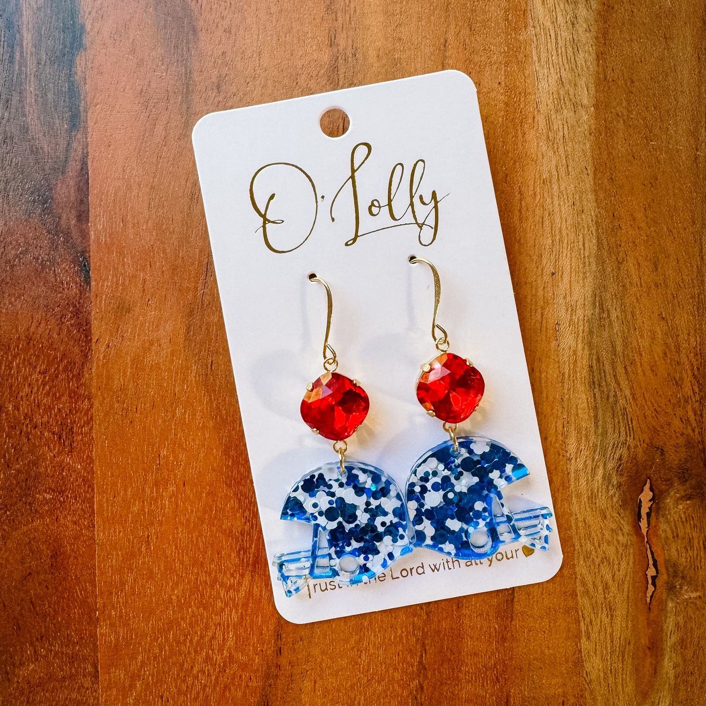 O’Lolly “Helmet” Earrings- Red Stone w/Blue Glitter Helment