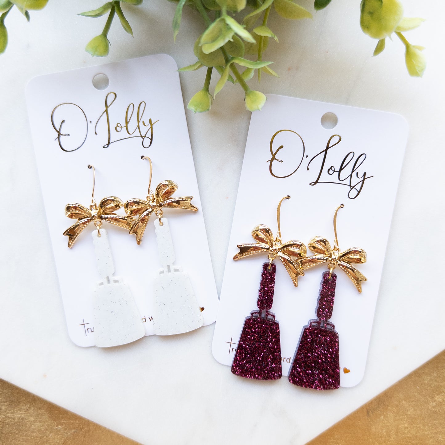 White or Maroon Acrylic Glitter Cowbell w/Gold Bow