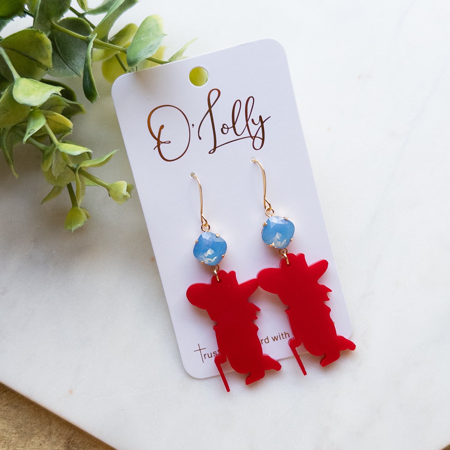 Red Acrylic Rebel Man Earrings w/Blue Stone