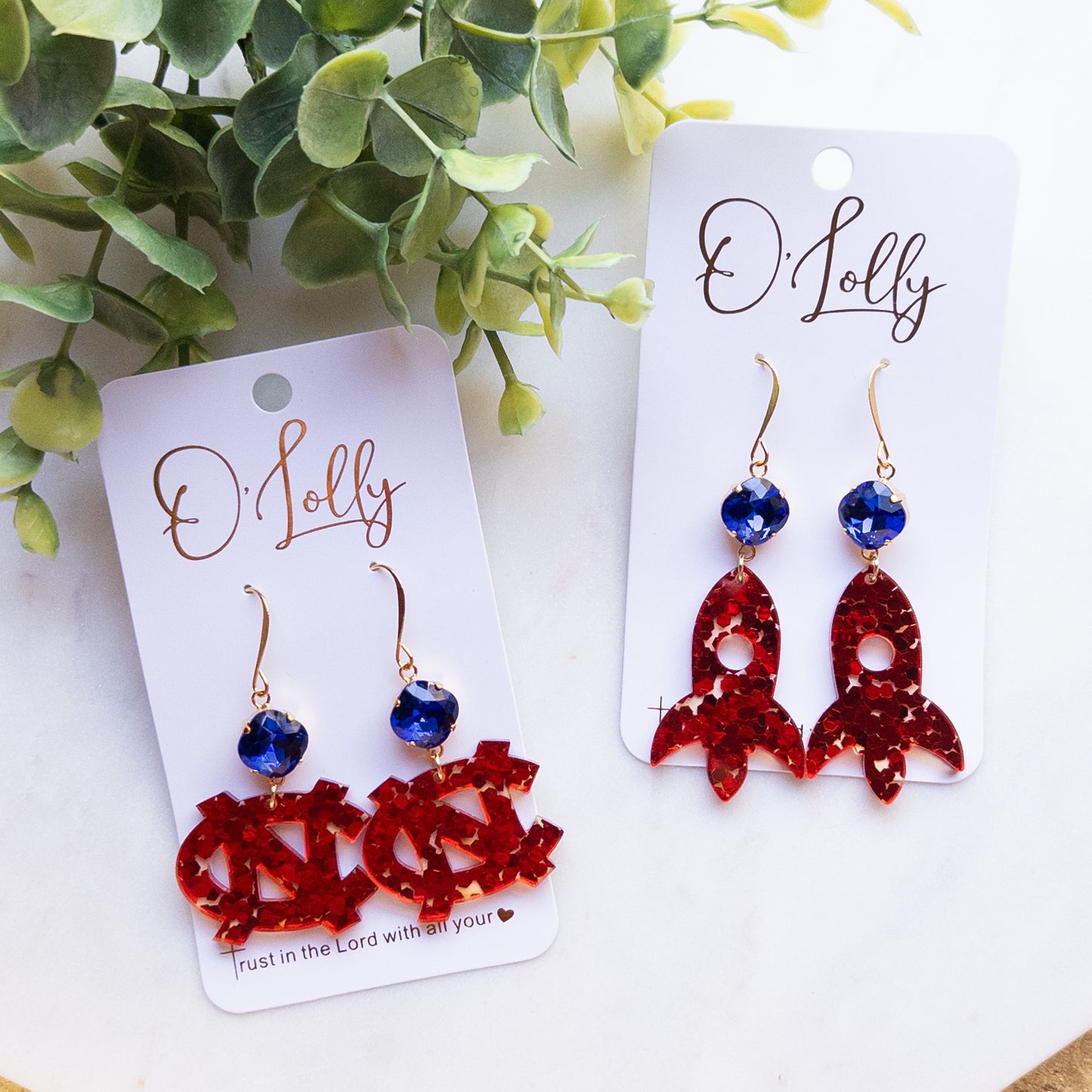 NC Rockets Red Glitter Acrylic Earrings w/Blue Stone
