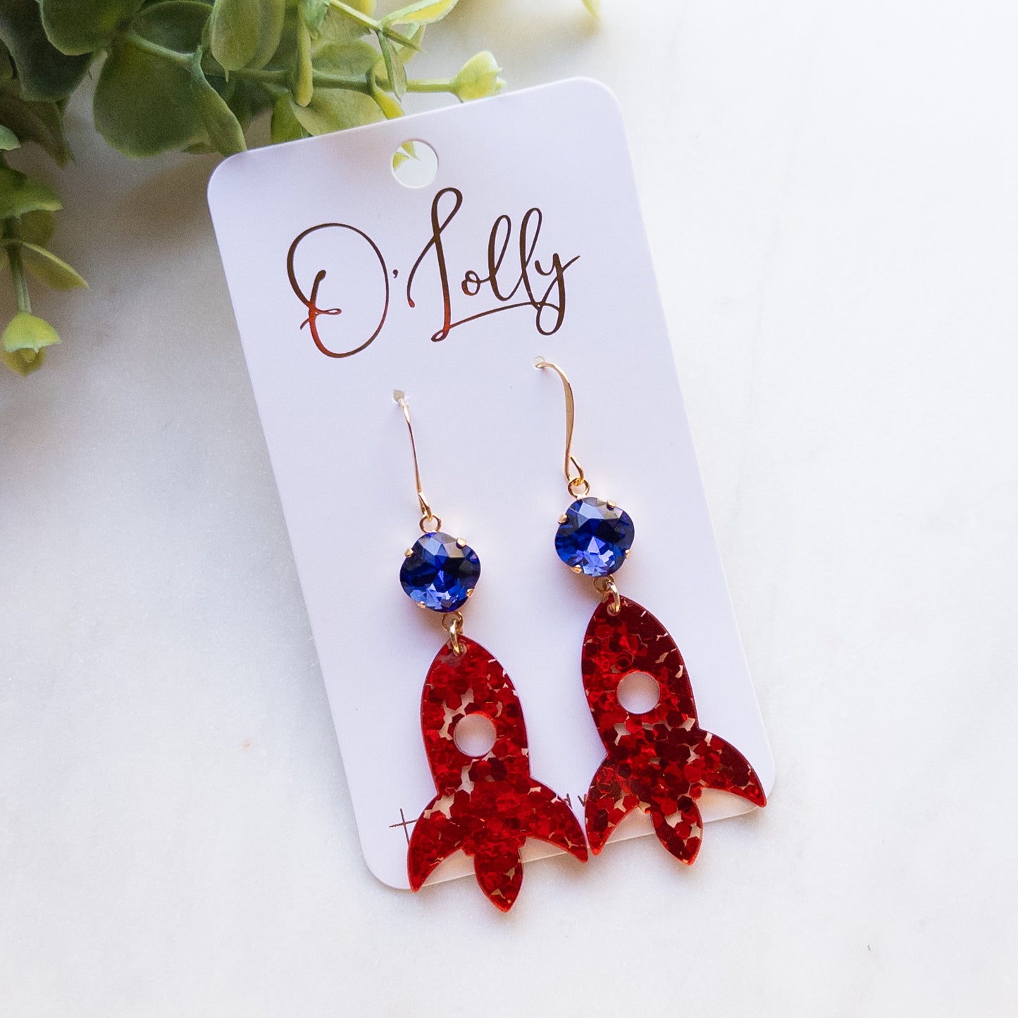 NC Rockets Red Glitter Acrylic Earrings w/Blue Stone