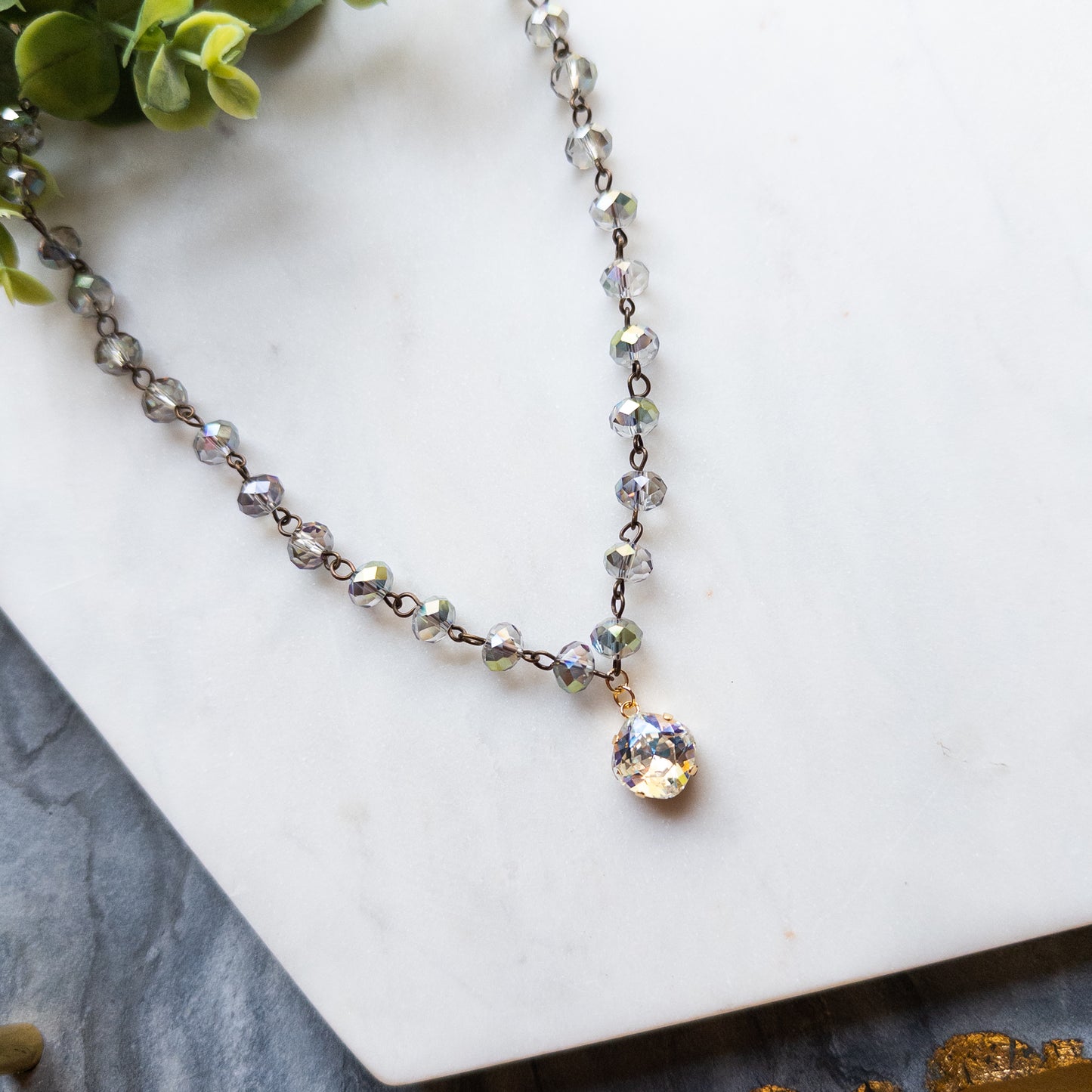 Smoky Beaded Necklace w/Clear Moonlight Stone