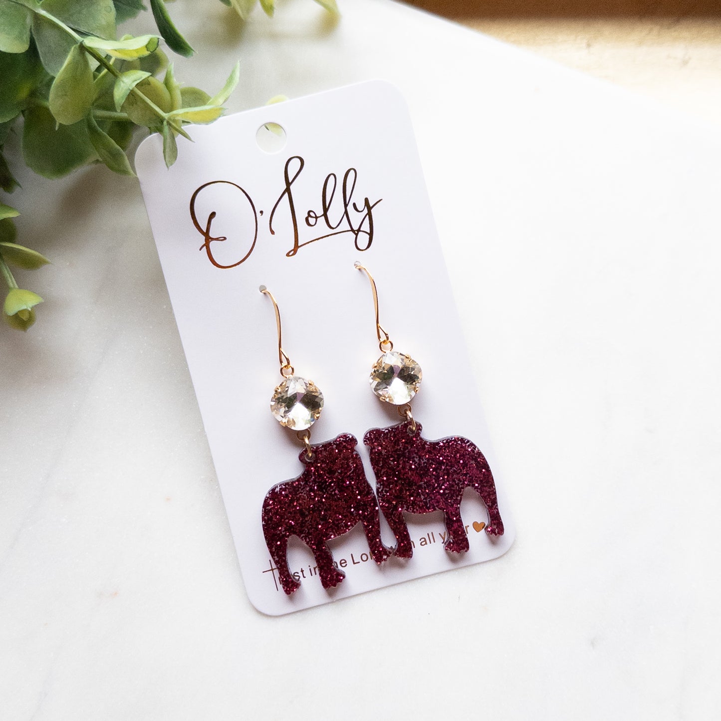 Maroon Glitter Acrylic Bulldog w/Clear Stone