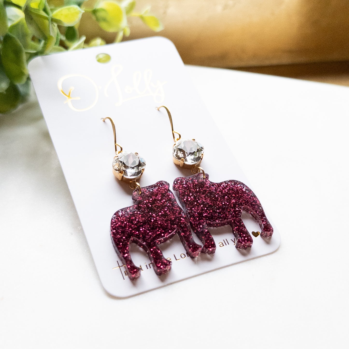 Maroon Glitter Acrylic Bulldog w/Clear Stone