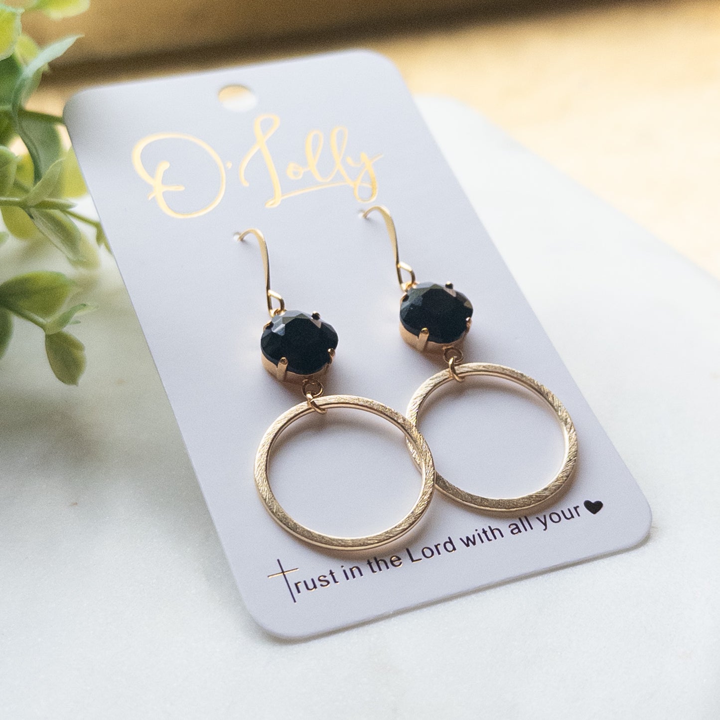 Jet Black Stone w/Textured Hoop Dangle