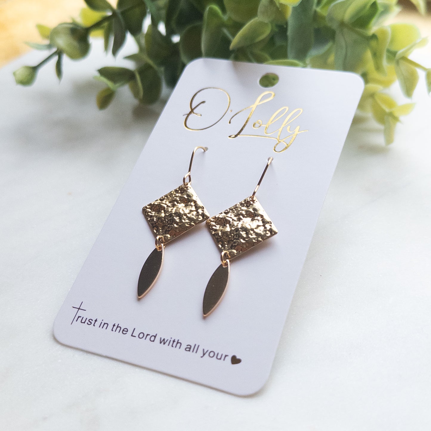 Textured Gold Square w/Leaf Dangle “Lori”